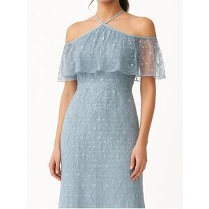 Aidan Mattox Beaded Off Shoulder Halter Gown Silver Blue Size 8 Hemmed